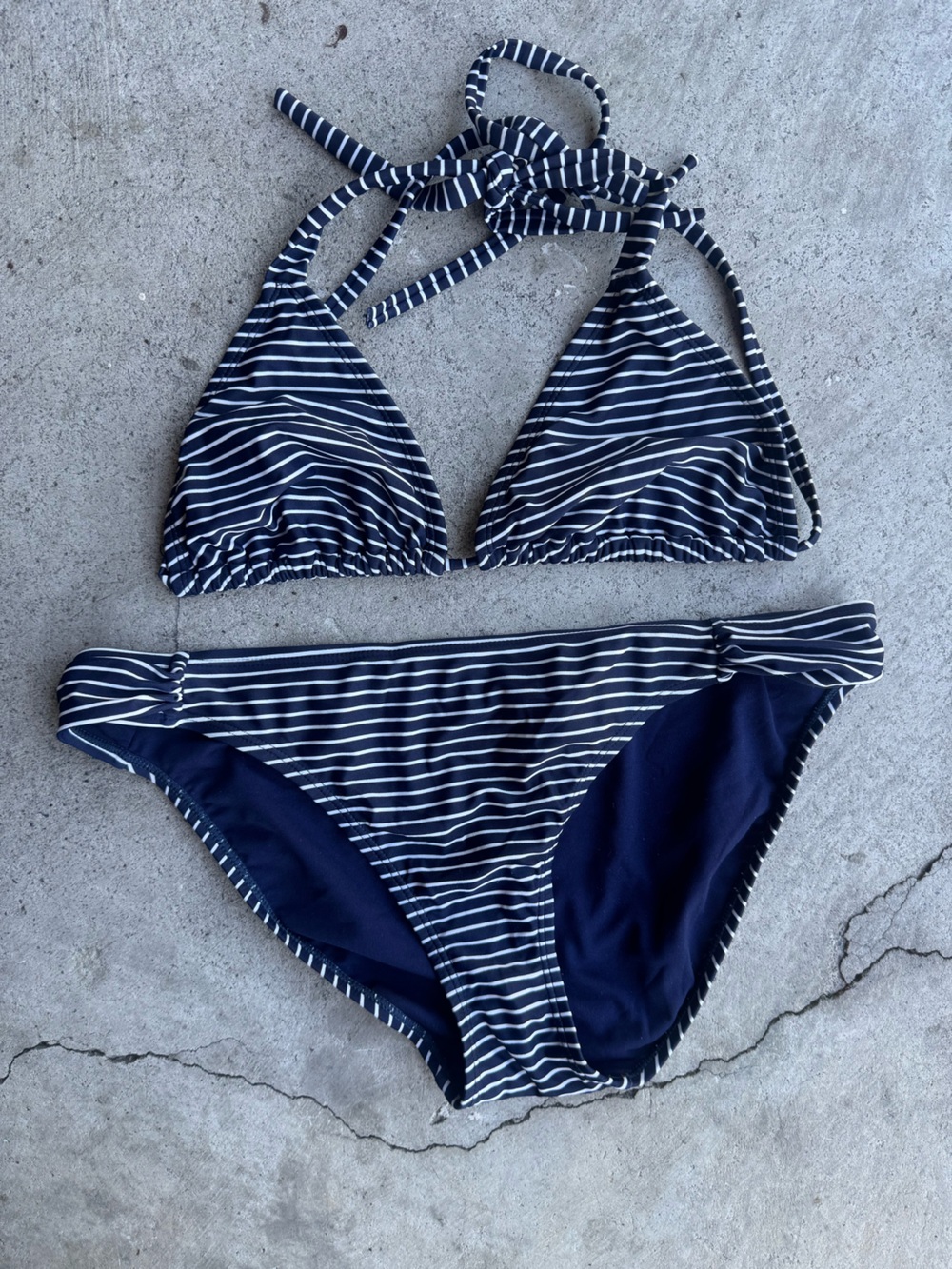 GAP Navy Blue and White Striped Triangle  Bikini Top (S) & Ruched Bottom (M)